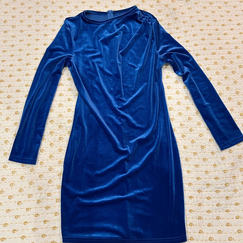SHEIN Elegant Long Sleeve velvet Blue mini Dress